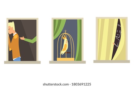 Nachbarn in Windows Set, Menschen, die verschiedene Aktivitäten in ihren Apartments Cartoon Style Vektorgrafik.