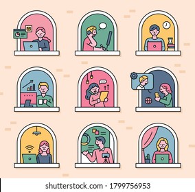 Neighbors working from home can be seen through the windows of the building. flat design style minimal vector illustration.