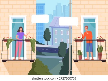 Neighbourhood houses. Friends looking out of windows and speaking urban modern building with balcony and outdoor windows with curtains. Vector landscape