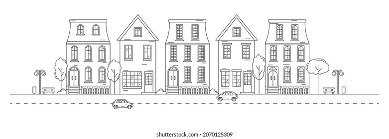 Neighbourhood Line Art. Monochrome horizontal urban landscape with town street or district. Editable stroke. Cityscape with living houses drawn with contour lines. Vector illustration.