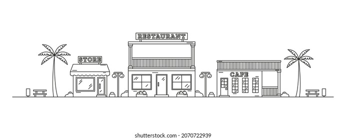 Neighbourhood Line Art. Monochrome horizontal cityscape with city street or district. Editable stroke. City landscape with cafe, restaurant and shop drawn by contour lines. Vector illustration.