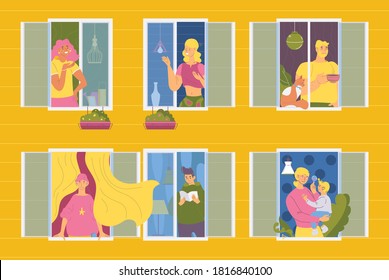 Neighbours in an apartmant flat windows. Various characters talking together or being alone with music, book or cat. Vector concept illustration about city and storey