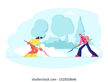 Neighbours Clearing Snow from Backyard after Snowfall. Happy People Clean Home Yard Steps from Snow. Man in Red Santa Claus Hat and Girl Remove Snowdrift with Shovel. Cartoon Flat Vector Illustration