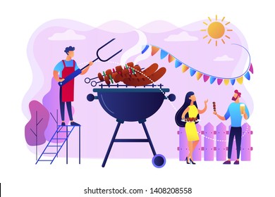 Neighbours flat characters grilling sausages. People eating, having picnic on nature. Backyard party, backyard BBQ, friends party ideas concept. Bright vibrant violet vector isolated illustration