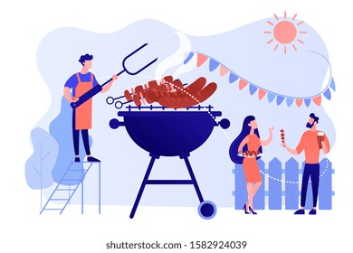 Neighbours flat characters grilling sausages. People eating, having picnic on nature. Backyard party, backyard BBQ, friends party ideas concept. Pinkish coral bluevector isolated illustration