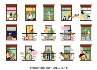 Neighbours men and women reading communicating playing guitar cleaning watering plants in their windows and on balconies flat set isolated vector illustration