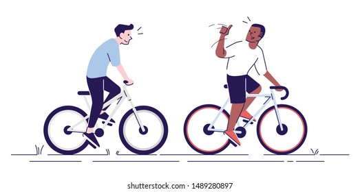 Neighbours on bicycles flat vector illustration. Coach supporting cyclist. Friends, colleagues enjoy riding bikes together isolated cartoon characters with outline elements on white background
