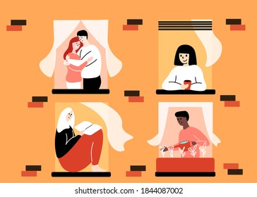 Neighbours in open windows. Vector illustration.
