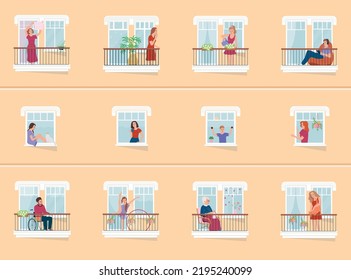 Neighbours in their windows flat background demonstrating house building wall with people in open windows and balconies vector illustration