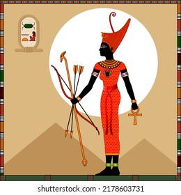 Neith is a ancient Egyptian goddess of wisdom, water, rivers, mothers, hunting, weaving, and war. Vector illustration.