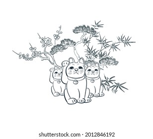 neko cat card sakura sketch vector japanese chinese design isolated