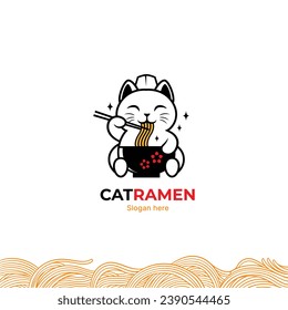 Logo de Neko cat ramen, logo de tallarines asiáticos vectorial