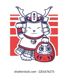 Neko Lucky Cat with Daruma Doll illustration