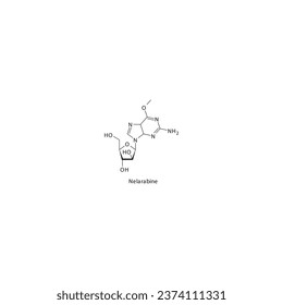 Estructura molecular esquelética plana de nelarabina Fármaco análogo de la purina utilizado en el tratamiento de la leucemia. Ilustración vectorial.