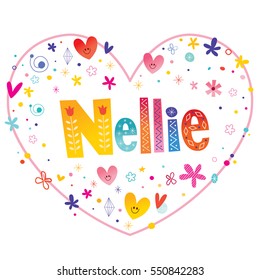 Nellie girls name decorative lettering heart shaped love design svg