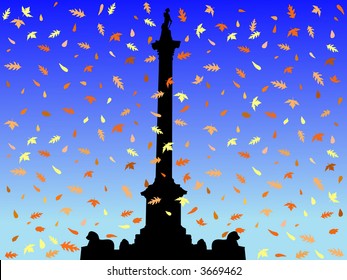 Nelson Column Trafalgar Square in autumn with falling leaves