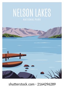 Nelson Lake National Park landscape background. travel to New Zealand. illustration with minimalist style for poster, postcard, art print.