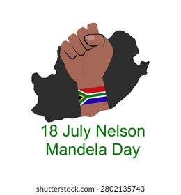 Nelson Mandela Day vector illustration on July 18. Raised fist with South Africa flag wristband over South African map silhouette