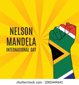 Nelson Mandela International Day .18 July. African Holiday. South Africa Flag Colored Raised Fist Isolated On Abstract Background. Banner, Poster, Flyer And Web Template Design