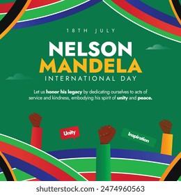 Nelson Mandela International Day. 18th July Nelson mandela day celerbation banner with fist bumps of black people symbolozing unity, braveness, justice, south Africa flag color abstract art.