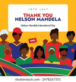 Nelson Mandela International Day. 18th July Nelson mandela day celerbation banner with black people of different religion symbolozing unity, braveness, justice, south Africa flag color abstract art.