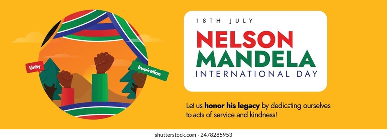 Nelson Mandela International Day. 18th July Nelson mandela day celerbation cover banner with fist bumps of black people symbolozing unity, braveness, justice, south Africa flag color abstract art.