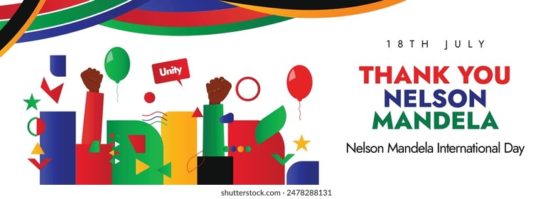 Nelson Mandela International Day. 18th July Nelson mandela day celerbation cover banner with fist bumps of black people symbolozing unity, braveness, justice, south Africa flag color abstract art.