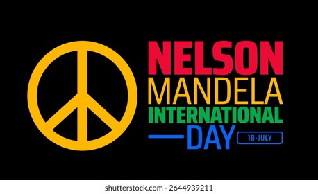 Plano de fundo ou banner do Dia Internacional de Nelson Mandela com símbolo da paz arrojado e tipografia colorida em fundo preto, promovendo justiça e harmonia globais.
