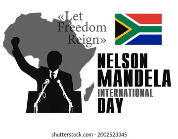 Nelson Mandela International Day. A Silhouette Of A Freedom Fighter With A Raised Hand Speaking For Human Rights From The Podium. Stock Vector Illustration.