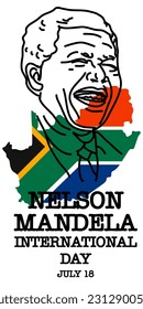 Nelson Mandela International Day. Stock vector illustration. Contour portrait of a laughing man against the background of the flag and the outline of South Africa. Rights, strength, victory, equality