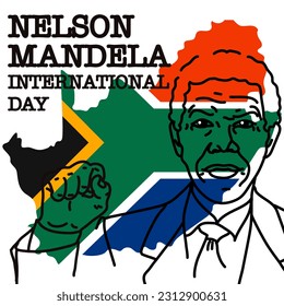 Nelson Mandela International Day. Stock vector illustration. contour portrait with raised hand against the background of the flag and the outline of South Africa. Rights, strength, victory, equality