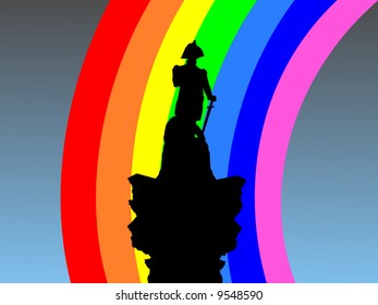 Nelson's Column Statue London with colourful rainbow illustration