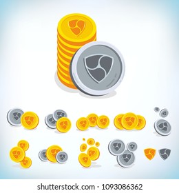 nem. 2D cartoon coin. Digital currency. Cryptocurrency. Golden coins with symbol isolated on white background. Stock vector illustration.