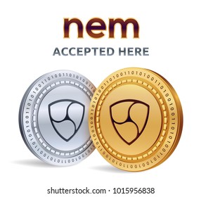 NEM. Accepted sign emblem. Crypto currency. Golden and silver coins with NEM symbol isolated on white background. 3D isometric Physical coins with text Accepted Here. Stock vector illustration