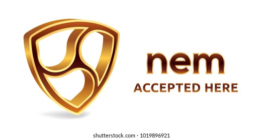 Nem accepted sign emblem. Crypto currency. 3D isometric golden Nem sign with text Accepted Here. Block chain. Stock vector illustration