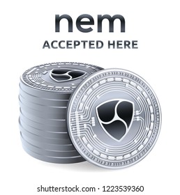 Nem. Accepted sign emblem. Crypto currency. Stack of silver coins with Nem symbol isolated on white background. 3D isometric Physical coins with text Accepted Here. Vector illustration.