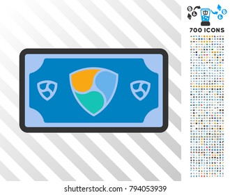 Nem Bank Note pictograph with 700 bonus bitcoin mining and blockchain symbols. Vector illustration style is flat iconic symbols design for blockchain apps.