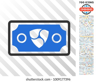 Nem Banknote icon with 7 hundred bonus bitcoin mining and blockchain graphic icons. Vector illustration style is flat iconic symbols designed for bitcoin websites.