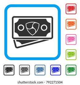 Nem Banknotes icon. Flat grey pictogram symbol in a blue rounded rectangle. Black, grey, green, blue, red, pink color variants of nem banknotes vector. Designed for web and application user interface.