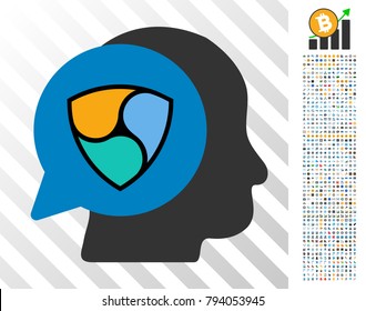 Nem Business Idea pictograph with 700 bonus bitcoin mining and blockchain design elements. Vector illustration style is flat iconic symbols design for blockchain software.
