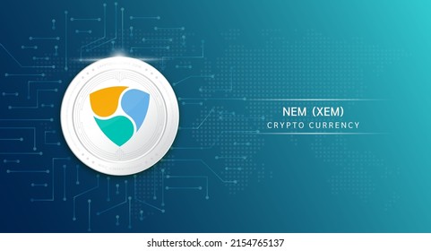 NEM coin cryptocurrency token symbol. Crypto currency with stock market investment trading. Coin icon on dark background. Economic trends finance concept. 3D Vector illustration.