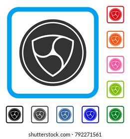 Nem Coin icon. Flat grey pictogram symbol inside a blue rounded frame. Black, grey, green, blue, red, pink color additional versions of nem coin vector. Designed for web and app user interface.