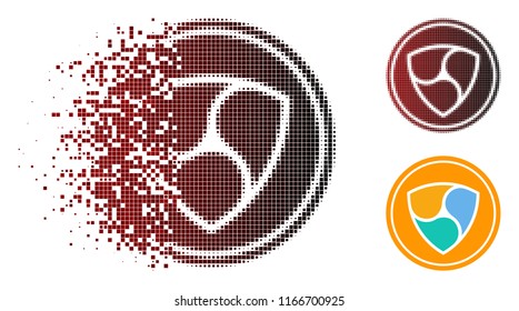 NEM coin icon in sparkle, dotted halftone and undamaged solid versions. Fragments are organized into vector sparkle NEM coin shape.
