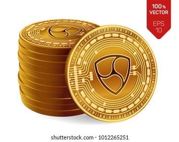 NEM. Crypto currency. 3D isometric Physical coins. Digital currency. Stack of golden coins with NEM symbol isolated on white background. Stock vector illustration
