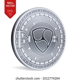 Nem. Crypto currency. 3D isometric Physical coin. Digital currency. Silver coin with Nem symbol isolated on white background. Vector illustration