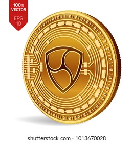 Nem. Crypto currency. 3D isometric Physical coin. Digital currency. Golden coin with Nem symbol isolated on white background. Vector illustration
