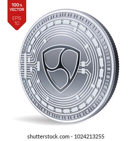 Nem. Crypto currency. 3D isometric Physical coin. Digital currency. Silver coin with Nem symbol isolated on white background. Block chain. Vector illustration