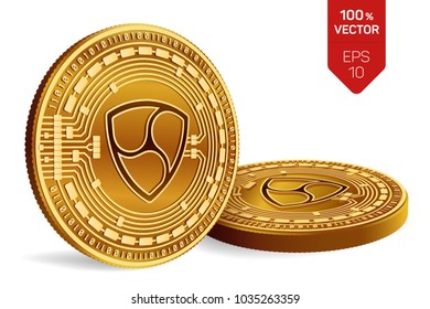 Nem. Crypto currency. 3D isometric Physical coins. Digital currency. Golden coins with nem symbol isolated on white background. Vector illustration.