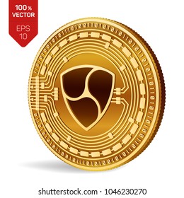 Nem. Crypto currency. 3D isometric Physical coin. Digital currency. Golden coin with Nem symbol isolated on white background. Vector illustration.