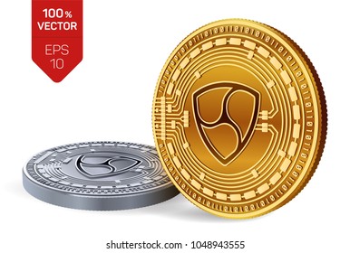 Nem. Crypto currency. 3D isometric Physical coins. Digital currency. Golden and silver coins with nem symbol isolated on white background. Vector illustration.